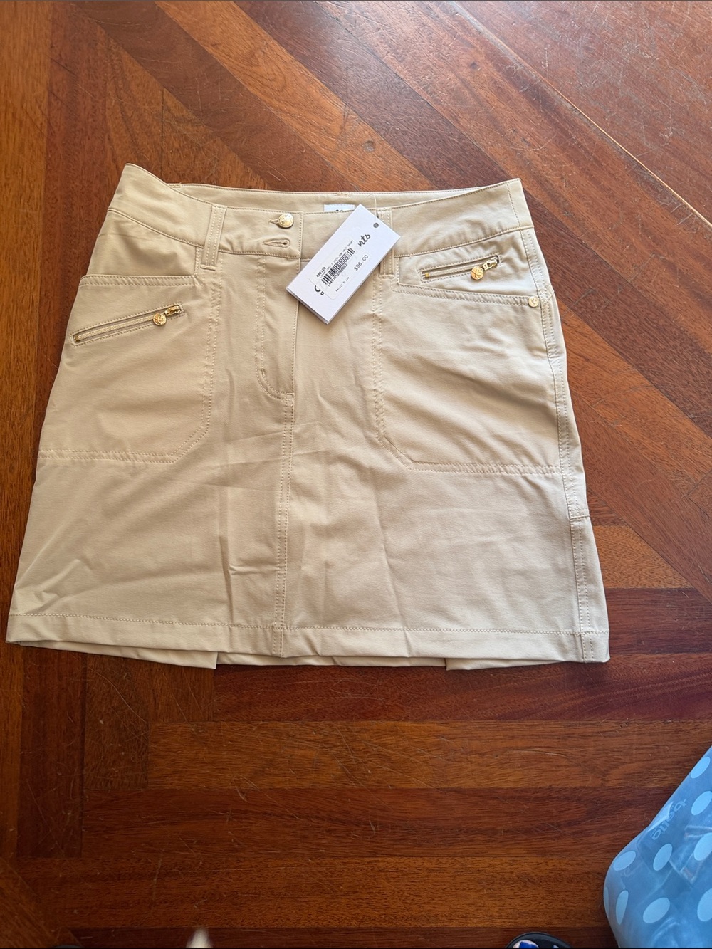 Neutral Beige Mini Skirt with Gold Zipper Trim